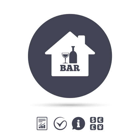 Bar or Pub sign icon. Wine bottle and Glass symbol. Alcohol drink symbol. Report document, information and check tick icons. Currency exchange. Vectorのイラスト素材
