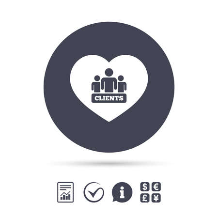 Love Clients sign icon. Group of people symbol. Report document, information and check tick icons. Currency exchange. Vectorのイラスト素材