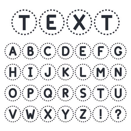 Abstract font collection. Stylized alphabet capital letters. Exclamation sign and question mark. Dotterd circles with characters. Vectorのイラスト素材