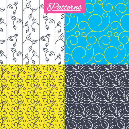 Flower, leaves and floral ornate seamless textures. Linear geometric patterns. Modern textures. Abstract patterns with colored background. Vectorのイラスト素材