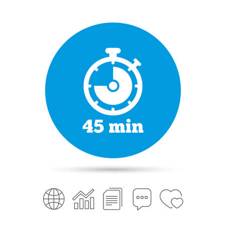 Timer sign icon. 45 minutes stopwatch symbol. Copy files, chat speech bubble and chart web icons. Vectorのイラスト素材