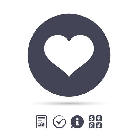 Love icon. Heart sign symbol. Report document, information and check tick icons. Currency exchange. Vectorのイラスト素材