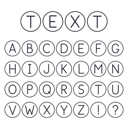 Abstract font collection. Stylized alphabet capital letters. Exclamation sign and question mark. Circles with characters. Vectorのイラスト素材