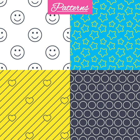 Stars, hearts and smile circles seamless textures. Linear geometric patterns. Modern textures. Abstract patterns with colored background. Vectorのイラスト素材