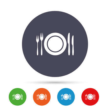 Plate dish with forks and knifes. Eat sign icon. Cutlery etiquette rules symbol. Round colourful buttons with flat icons. Vectorのイラスト素材