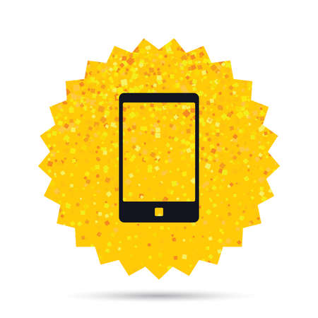 Gold glitter web button. Smartphone sign icon. Support symbol. Call center. Rich glamour star design. Vectorのイラスト素材