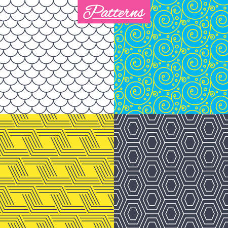 Floral ornament, roof tiles and hex seamless textures. Linear geometric patterns. Modern textures. Abstract patterns with colored background. Vectorのイラスト素材