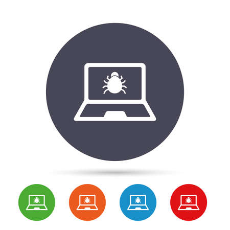 Laptop virus sign icon. Notebook software bug symbol. Round colourful buttons with flat icons. Vectorのイラスト素材