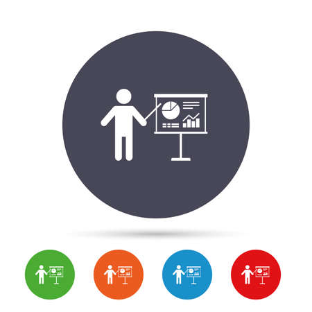 Presentation sign icon. Man standing with pointer. Scheme and Diagram symbol. Round colourful buttons with flat icons. Vectorのイラスト素材