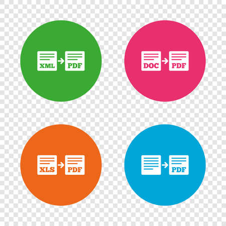 Export file icons. Convert DOC to PDF, XML to PDF symbols. XLS to PDF with arrow sign. Round buttons on transparent background. Vector