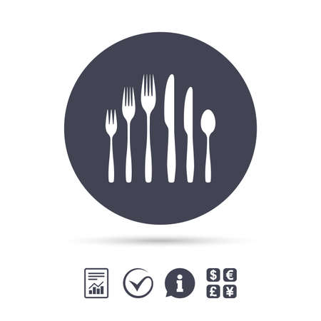 Dessert fork, knife, teaspoon sign icon. Cutlery collection set symbol. Report document, information and check tick icons. Currency exchange. Vectorのイラスト素材