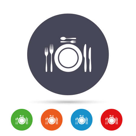 Plate dish with forks and knifes. Dessert trident fork with teaspoon. Eat sign icon. Cutlery etiquette rules symbol. Round colourful buttons with flat icons. Vector.のイラスト素材