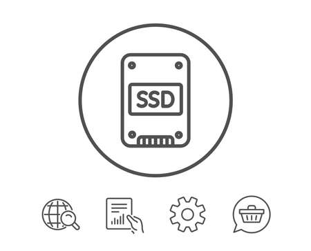 SSD icon. Solid-state drive sign. Storage disk symbol. Hold Report, Service and Global search line signs. Shopping cart icon. Editable stroke. Vectorのイラスト素材