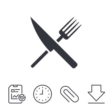 Food sign icon. Cutlery symbol. Knife and fork. Report, Time and Download line signs. Paper Clip linear icon. Vectorのイラスト素材
