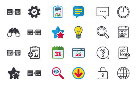 Export file icons. Convert DOC to PDF, XML to PDF symbols. XLS to PDF with arrow sign. Chat, Report and Calendar signs. Stars, Statistics and Download icons. Question, Clock and Globe. Vectorのイラスト素材