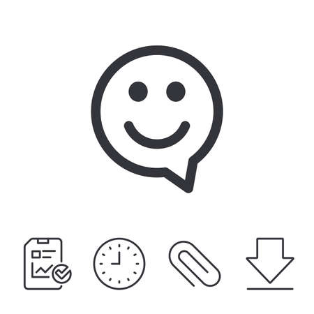 Happy face chat speech bubble symbol. Smile icon. Report, Time and Download line signs. Paper Clip linear icon. Vectorのイラスト素材