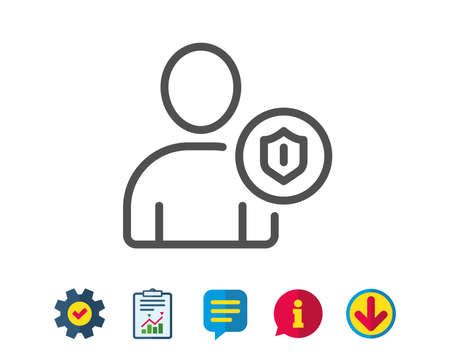 User Protection line icon. Profile Avatar with shield sign. Person silhouette symbol. Report, Service and Information line signs. Download, Speech bubble icons. Editable stroke. Vectorのイラスト素材