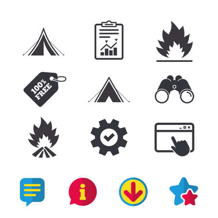 Tourist camping tent icons. Fire flame sign symbols. Browser window, Report and Service signs. Binoculars, Information and Download icons. Stars and Chat. Vectorのイラスト素材