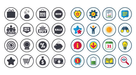 Set of Shopping, E-commerce and Business icons. Big sale, Gift box and Discounts signs. Clients, Sale and Shopping cart symbols. Calendar, Report and Book signs. Stars, Service and Download iconsのイラスト素材