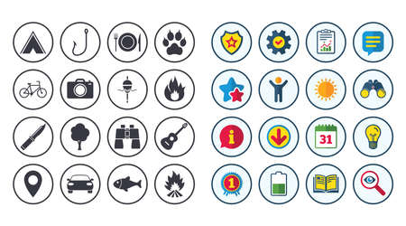 Set of Travel, Hiking and Camping icons. Fishing, Biking and Guitar music signs. Tourist tent, Food and Binoculars symbols. Photo and Rent a car. Calendar, Report and Book signs. Vectorのイラスト素材