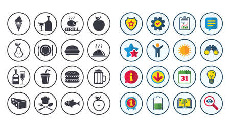 Set of Food and Drinks icons. Restaurant meal, Wine and Cheese signs. Burger, Milkshake and Beer symbols. Calendar, Report and Book signs. Stars, Service and Download icons. Vectorのイラスト素材