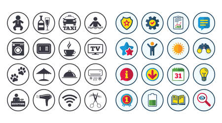 Set of Hotel services icons. Taxi, Wifi internet and Swimming pool signs. Coffee, Wine bottle and Air conditioning symbols. Calendar, Report and Book signs. Stars, Service and Download icons. Vectorのイラスト素材