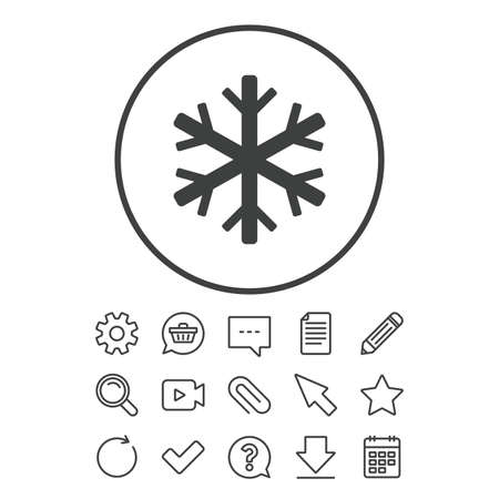 Snowflake sign icon. Air conditioning symbol. Document, Chat and Paper clip line signs. Question, Pencil and Calendar line icons. Star, Download and Shopping cart. Vectorのイラスト素材