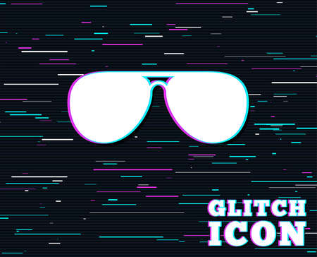 Glitch effect. Aviator sunglasses sign icon. Pilot glasses button. Background with colored lines....