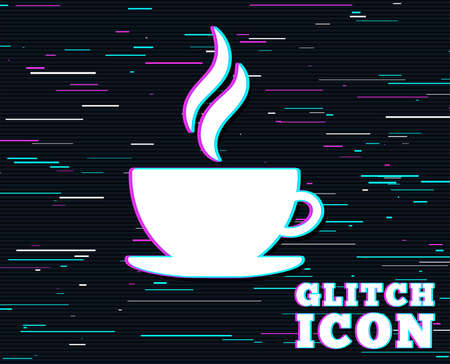 Glitch effect. Coffee cup sign icon. Hot coffee button. Hot tea drink with steam. Background with colored lines. Vectorのイラスト素材