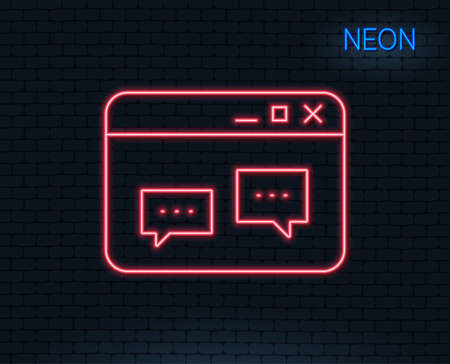 Neon light. Browser Window line icon. Chat speech bubbles sign. Internet page symbol. Glowing graphic design. Brick wall. Vectorのイラスト素材