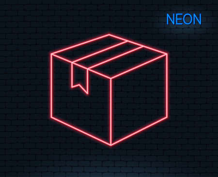 Neon light. Shipping box line icon. Logistics delivery sign. Parcels tracking symbol. Glowing graphic design. Brick wall. Vectorのイラスト素材