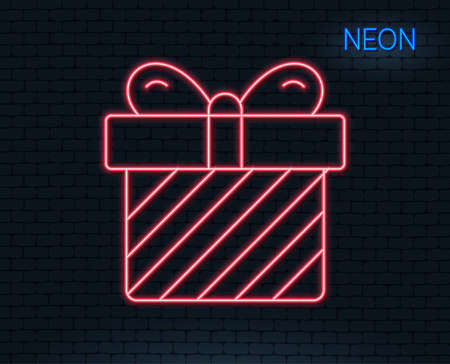 Neon light. Gift box line icon. Present or Sale sign. Birthday Shopping symbol. Package in Gift Wrap. Glowing graphic design. Brick wall. Vectorのイラスト素材