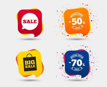 Sale speech bubble icon. 50% and 70% percent discount symbols. Big sale shopping bag sign. Speech bubbles or chat symbols. Colored elements. Vectorのイラスト素材