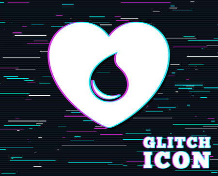 Glitch effect. Blood donation sign icon. Medical donation. Heart with blood drop. Background with colored lines. Vectorのイラスト素材