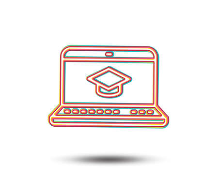 Online Education line icon. Notebook or Laptop sign. Graduation cap symbol. Colourful graphic design. Vectorのイラスト素材