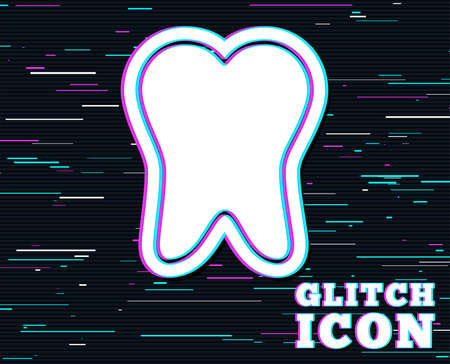Glitch effect. Tooth enamel protection sign icon. Dental toothpaste care symbol. Healthy teeth. Background with colored lines. Vector illustration.のイラスト素材
