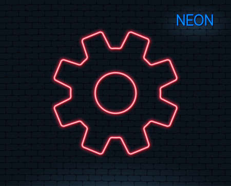 Neon light. Cogwheel line icon. Service sign. Transmission rotation mechanism symbol. Glowing graphic design. Brick wall. Vector illustration.のイラスト素材