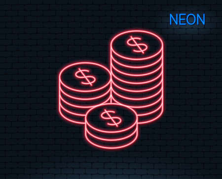 Neon light. Coins money line icon. Banking currency sign. Cash symbol. Glowing graphic design. Brick wall. Vectorのイラスト素材
