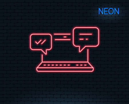 Neon light. Internet Messages line icon.  Chat or Conversation sign. Computer communication symbol. Glowing graphic design. Brick wall. Vectorのイラスト素材