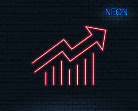 Neon light. Chart line icon. Report graph or Sales growth sign. Analysis and Statistics data symbol. Glowing graphic design. Brick wall. Vectorのイラスト素材