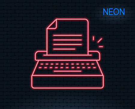 Neon light. Typewriter line icon. Copy writing sign. Writer machine symbol. Glowing graphic design.のイラスト素材