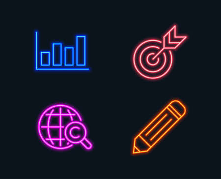 Neon lights. Set of Target, Report diagram and International Copyright icons. Pencil sign. Targeting, Financial market, World copywriting. Edit data. Glowing graphic designs. Vectorのイラスト素材