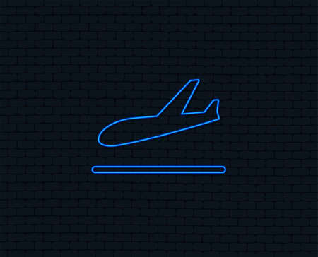 Plane landing icon. Airplane transport symbol. Glowing graphic design.のイラスト素材