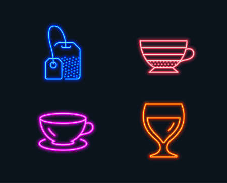 Neon lights of  Set of Espresso, Tea bag and Cappuccino icons. Wine glass sign. Coffee cup, Brew hot drink, Cabernet wineglass. Glowing graphic designs. Vectorのイラスト素材