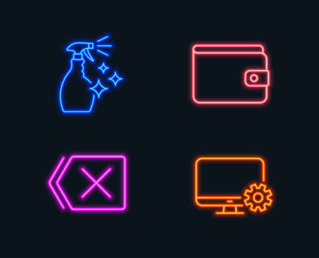 Neon lights. Set of Washing cleanser, Money wallet and Remove icons. Monitor settings sign. Housekeeping spray, Payment method, Delete button. Service cogwheel. Glowing graphic designs. Vector illustration.のイラスト素材