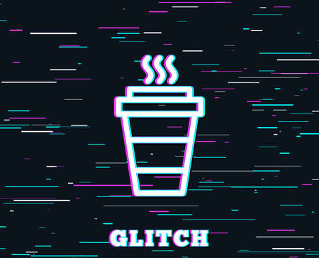 Glitch effect. Takeaway Coffee cup line icon. Hot drink sign. Takeout symbol. Background with colored lines. Vectorのイラスト素材