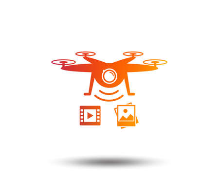 Drone icon. Quadrocopter with video and photo camera symbol. Blurred gradient design element. Vivid graphic flat icon. Vectorのイラスト素材