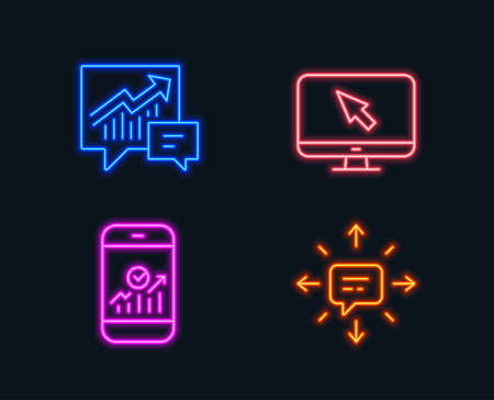 Neon lights. Set of Internet, Smartphone statistics and Accounting icons. Sms sign. Monitor with cursor, Mobile business, Supply and demand. Conversation.  Glowing graphic designs. Vectorのイラスト素材