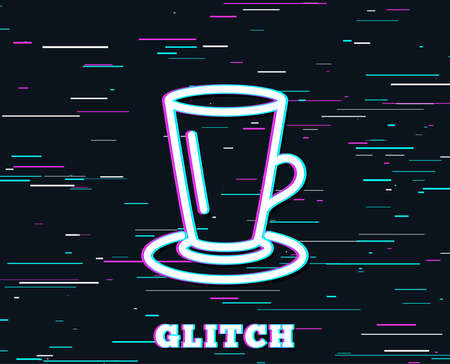 Glitch effect. Cup of Tea line icon. Fresh beverage sign. Latte or Coffee symbol. Background with colored lines. Vectorのイラスト素材