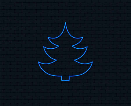 Neon light. Christmas tree sign icon. Holidays button. Glowing graphic design. Brick wall. Vectorのイラスト素材